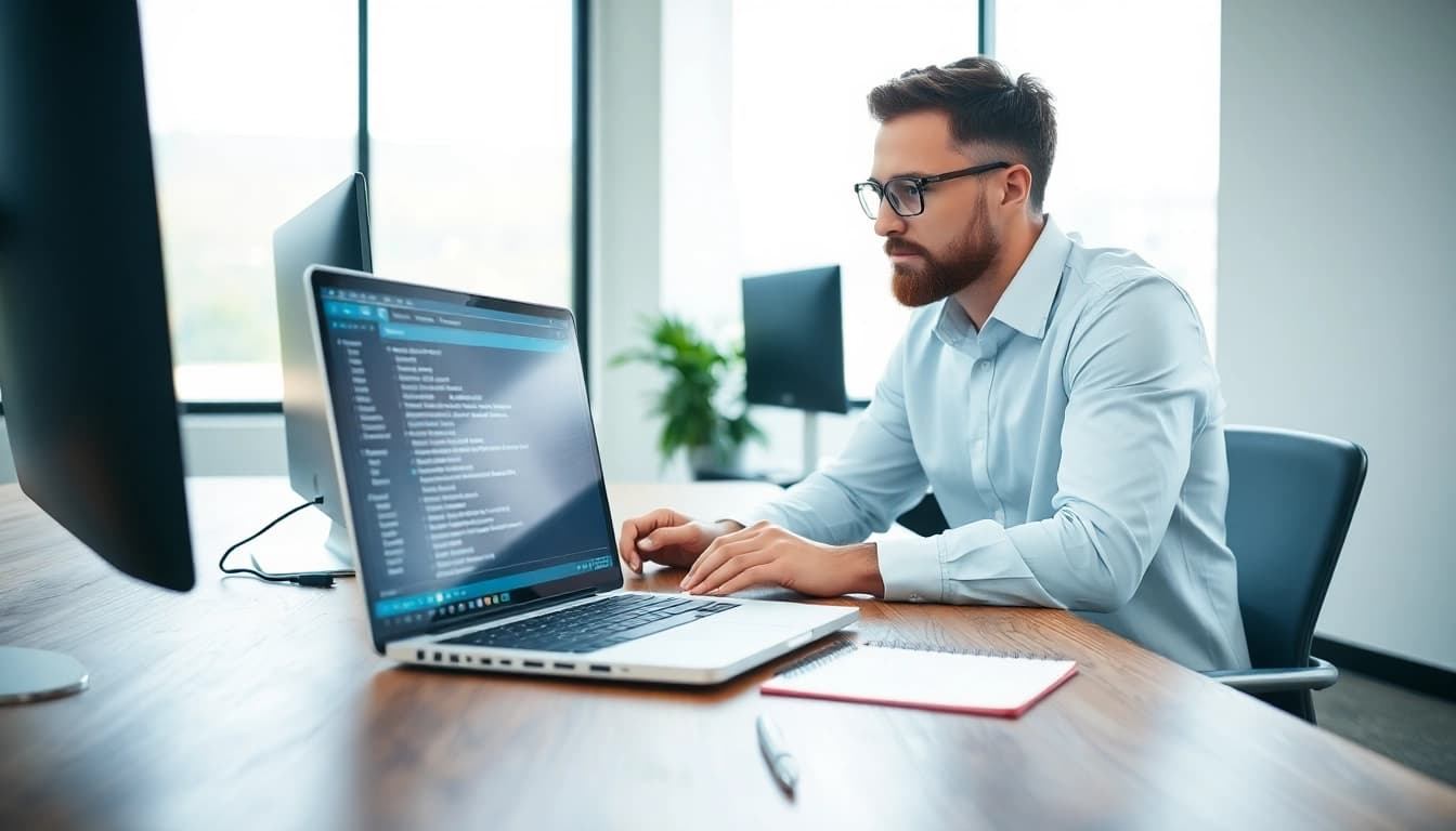 Provide efficient computer help at a modern workspace with a technician assisting a client.
