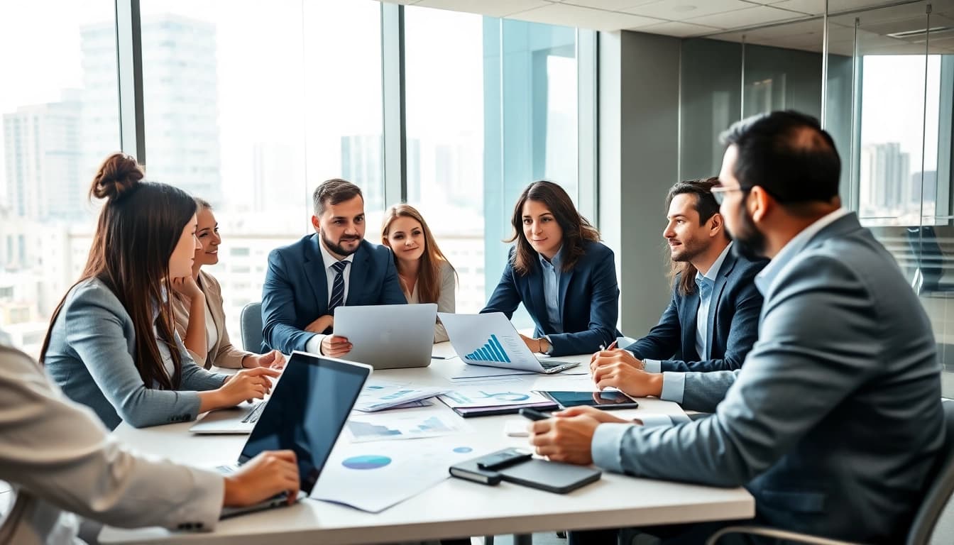 B2B mystery shopping discussion among professionals in a modern office setting.