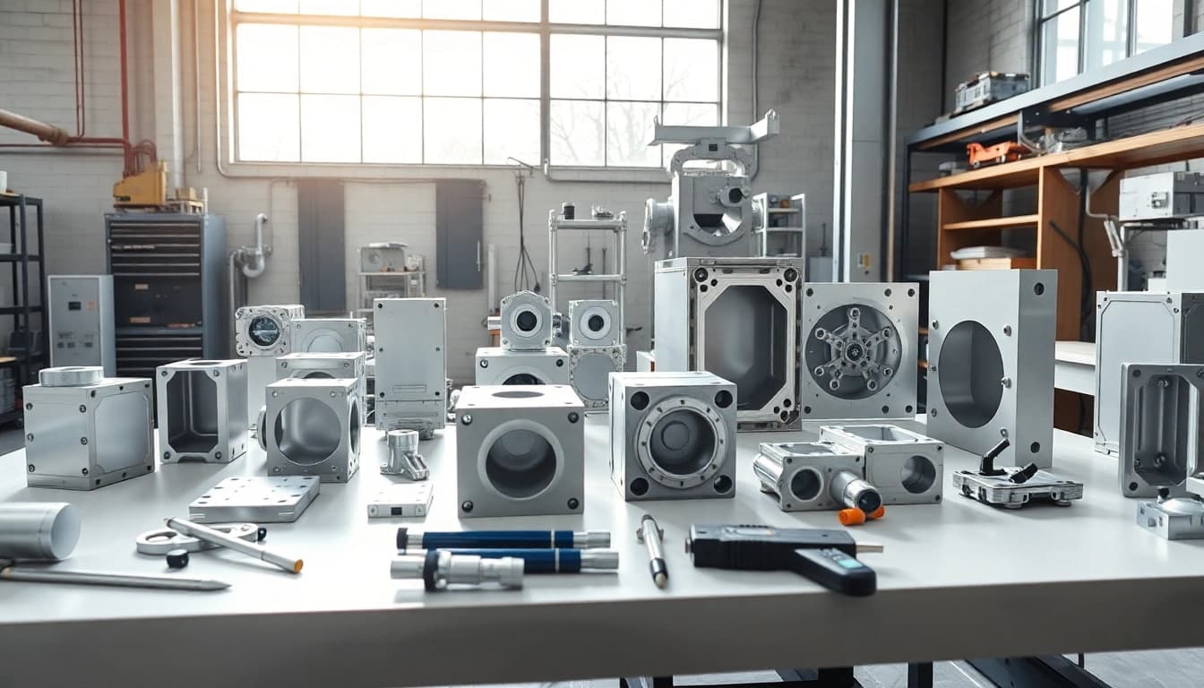 Showcasing precision aluminum prototypes against an industrial workshop backdrop highlighting innovation.