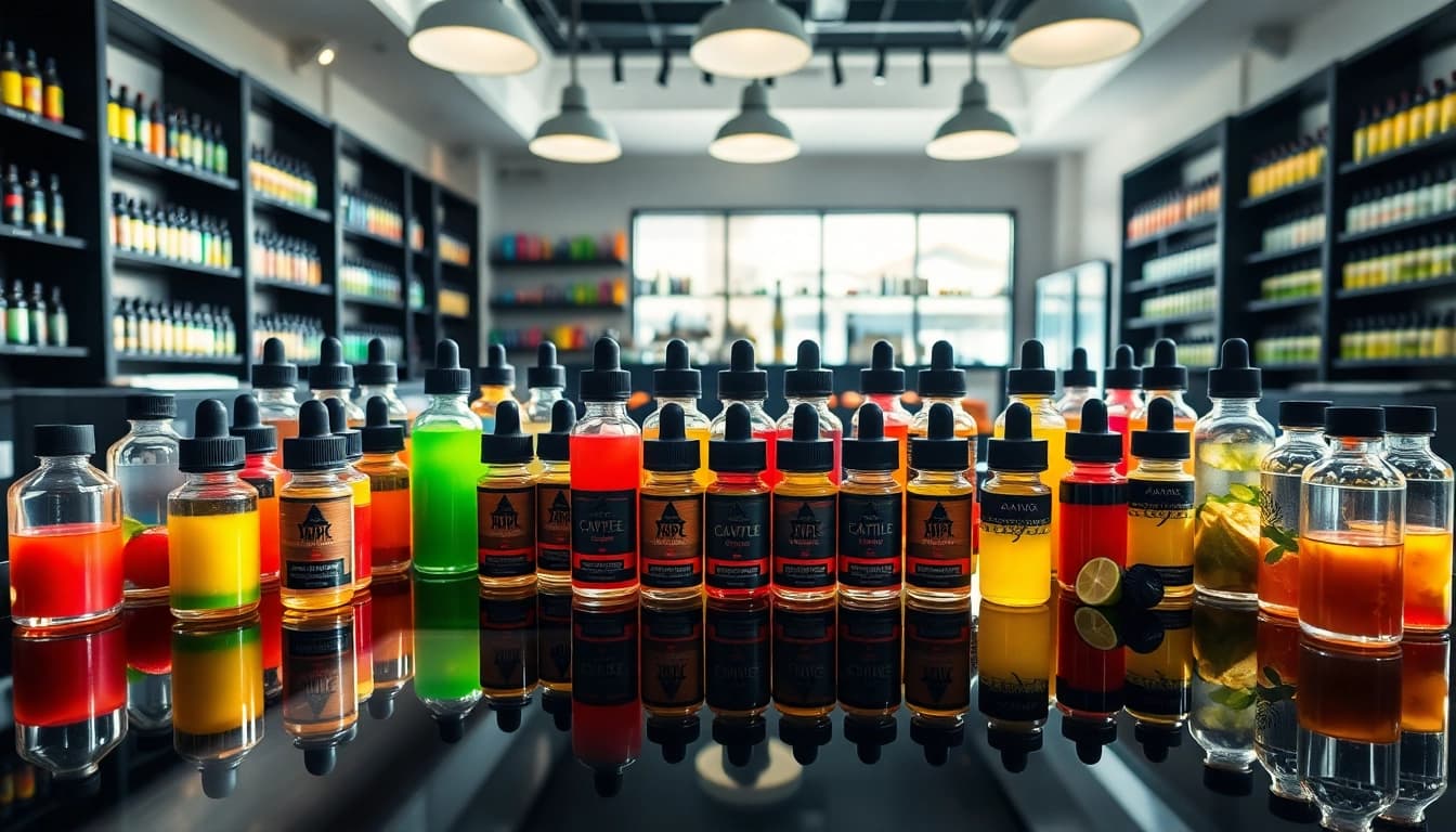 Savor diverse flavors at Vape Juice Depot with an artistic vape juice arrangement.