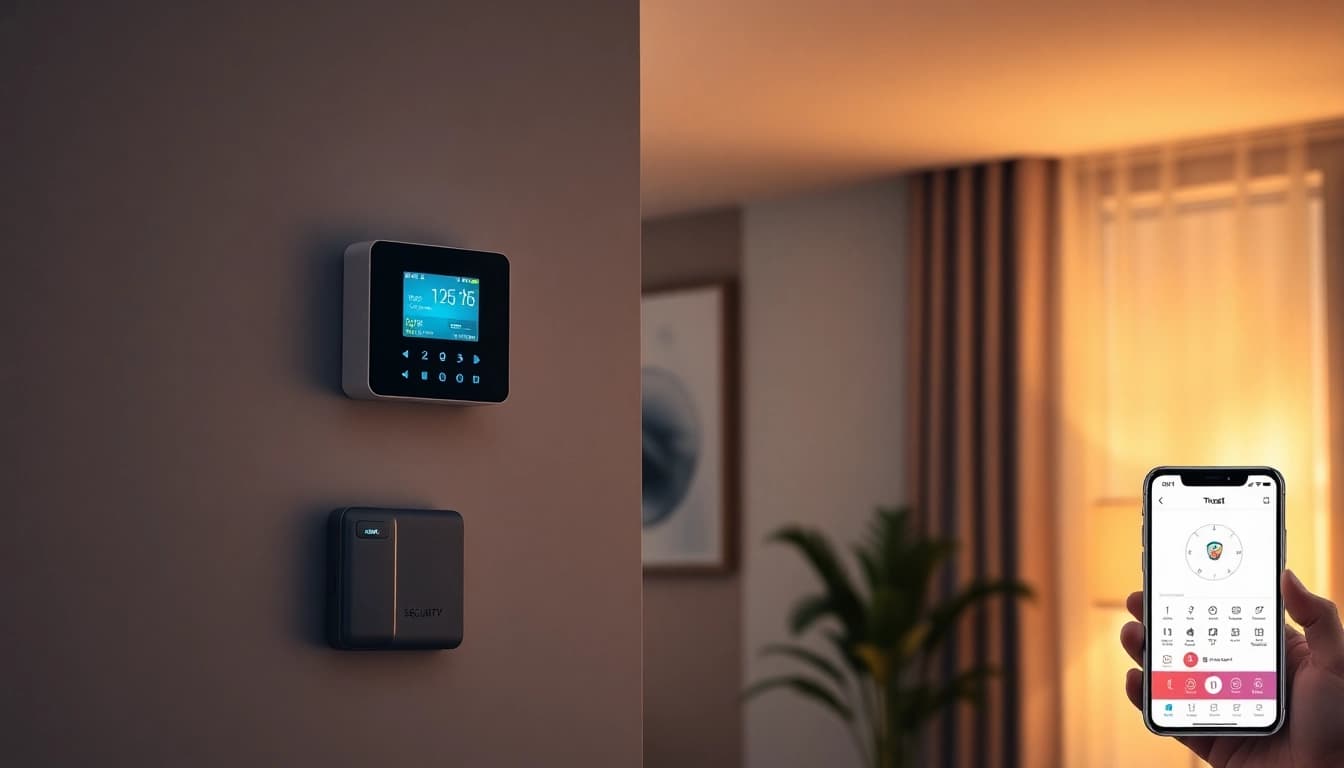 Hogar moderno equipado con alarmas de seguridad y control mediante smartphone, que muestra soluciones de seguridad avanzadas.