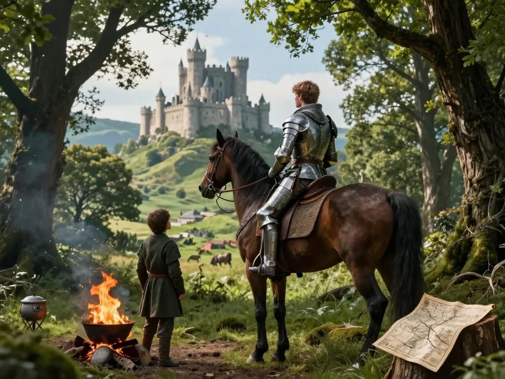 Ser Duncan the Tall from Knight of the Seven Kingdoms exploring a vibrant forest landscape with a squire, capturing a sense of adventure.