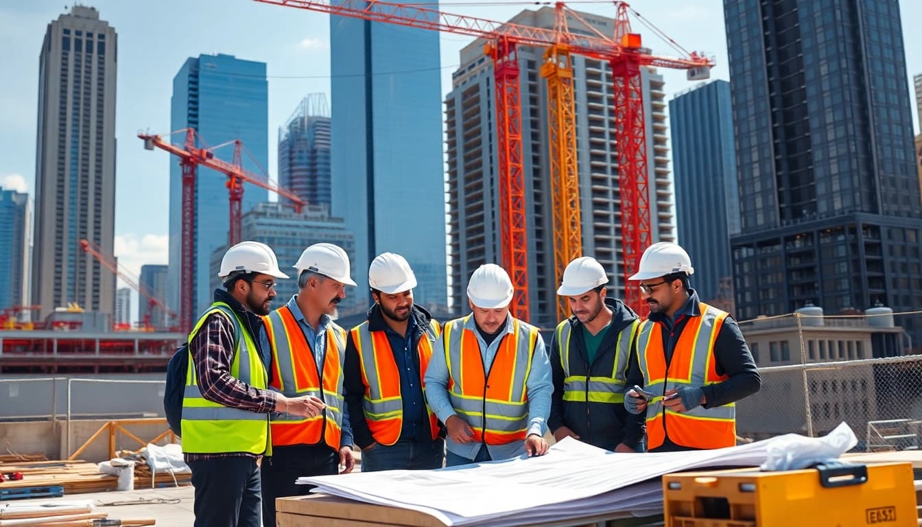 New York City Commercial General Contractor oversees a dynamic construction site with workers and cranes.
