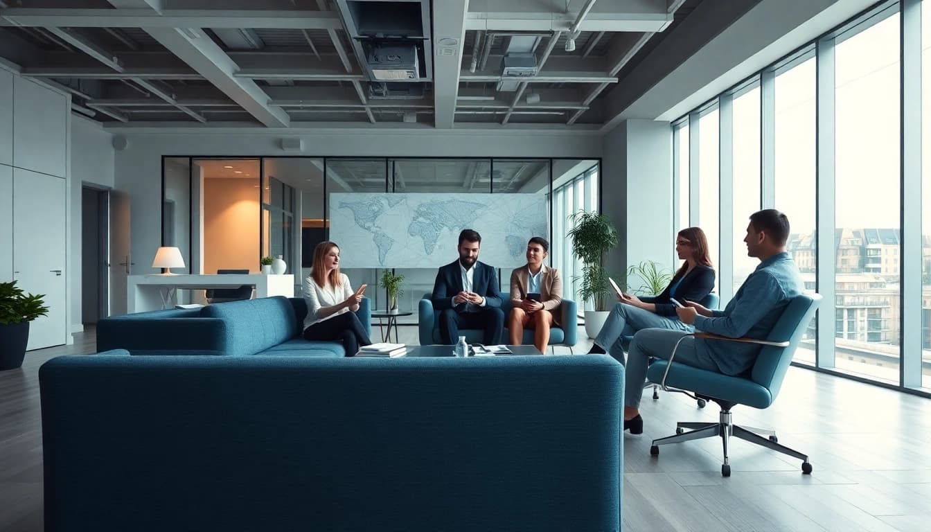 Press release agency team collaborating in a modern office setting.