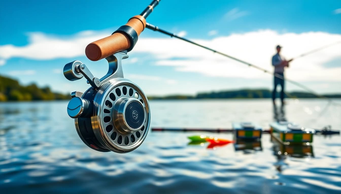 Fly fishing combo showcased at a lakeside, emphasizing quality gear and nature's tranquility.