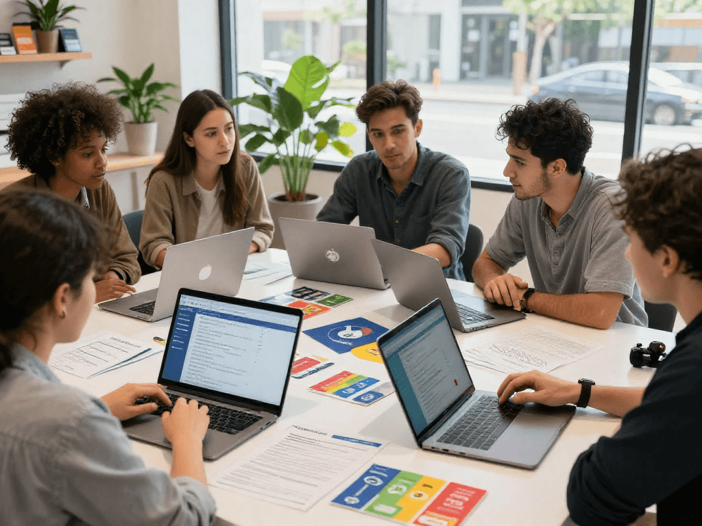 Loyalty application discussion among small business owners in a modern retail environment.