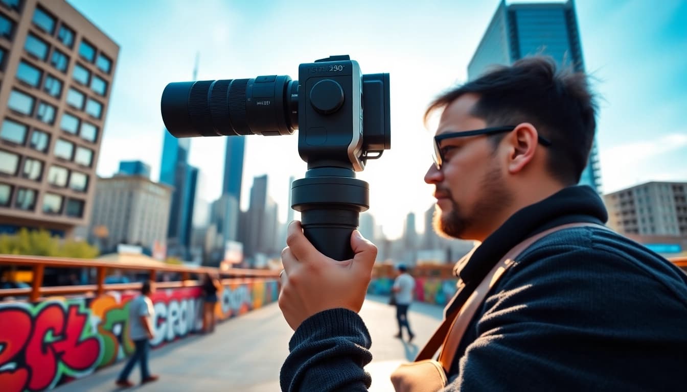 Capture stunning moments with the Insta360 X5 camera in a vibrant urban scene.