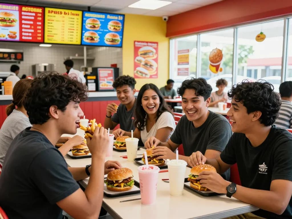 Friends enjoying fast food prices in a vibrant restaurant setting.
