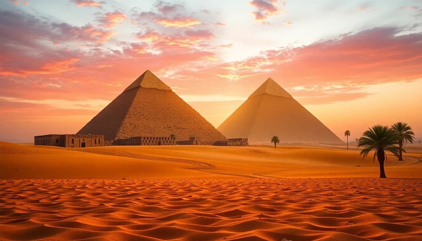 Discover piraminds with vibrant sunset and golden sands framing the majestic Great Pyramid.