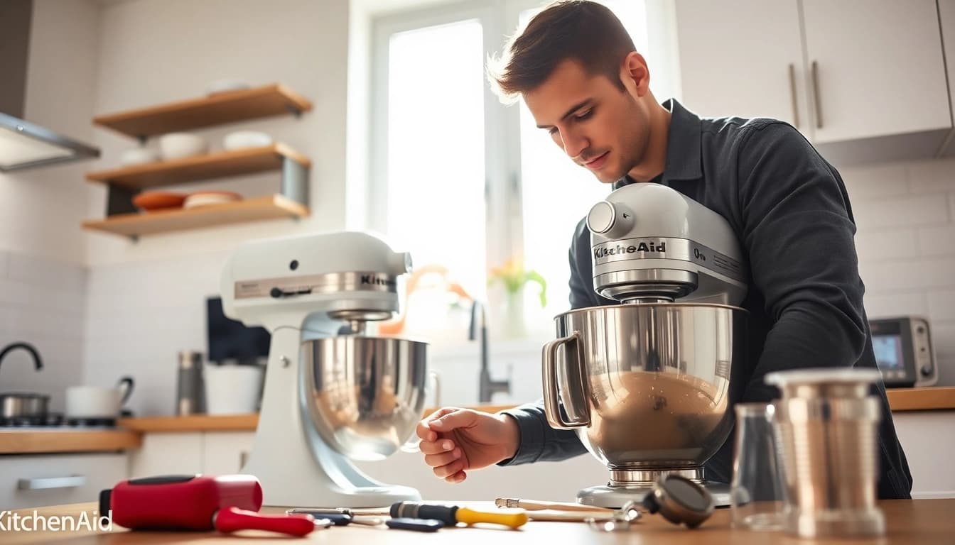 Expert technician performing kitchenaid appliance repair ottawa in a bright kitchen environment.