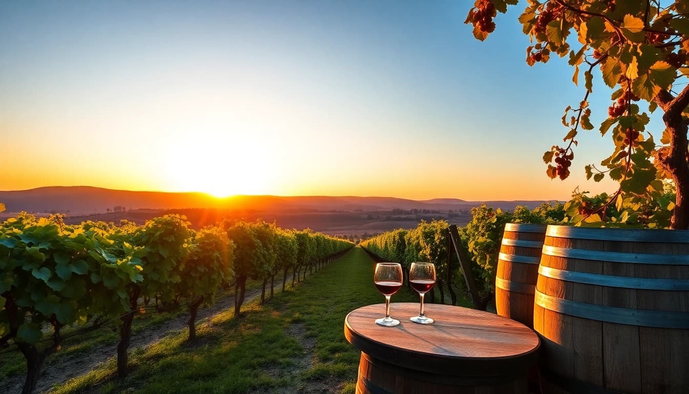 Stunning view of Clarksburg wineries at sunset showcasing lush vineyards and rustic elements.