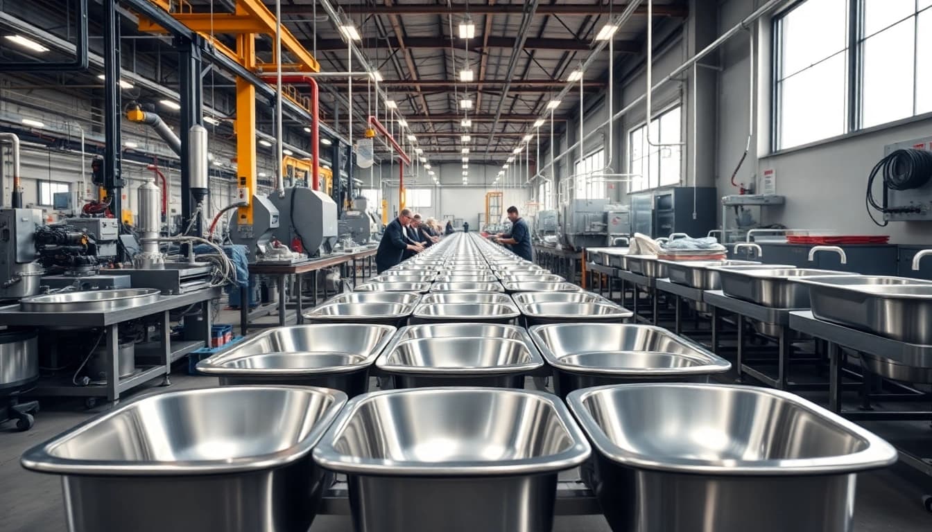 Workers assembling products at a stainless steel basin factory, highlighting industrial efficiency and craftsmanship.