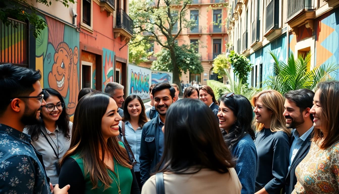 Engaged members of a social club Madrid enjoy lively conversation in a colorful street setting.