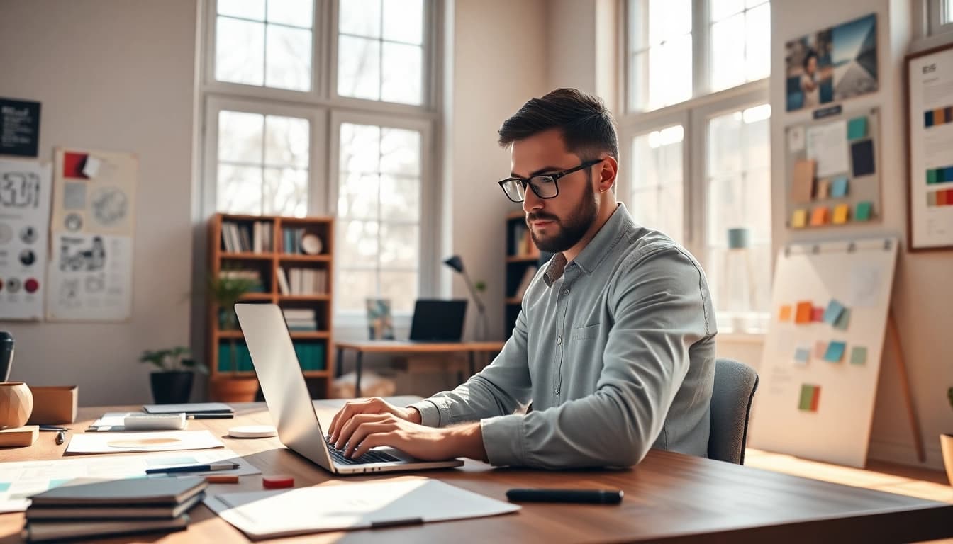 Designing a website in 7 days essex with a professional web developer in a bright office.
