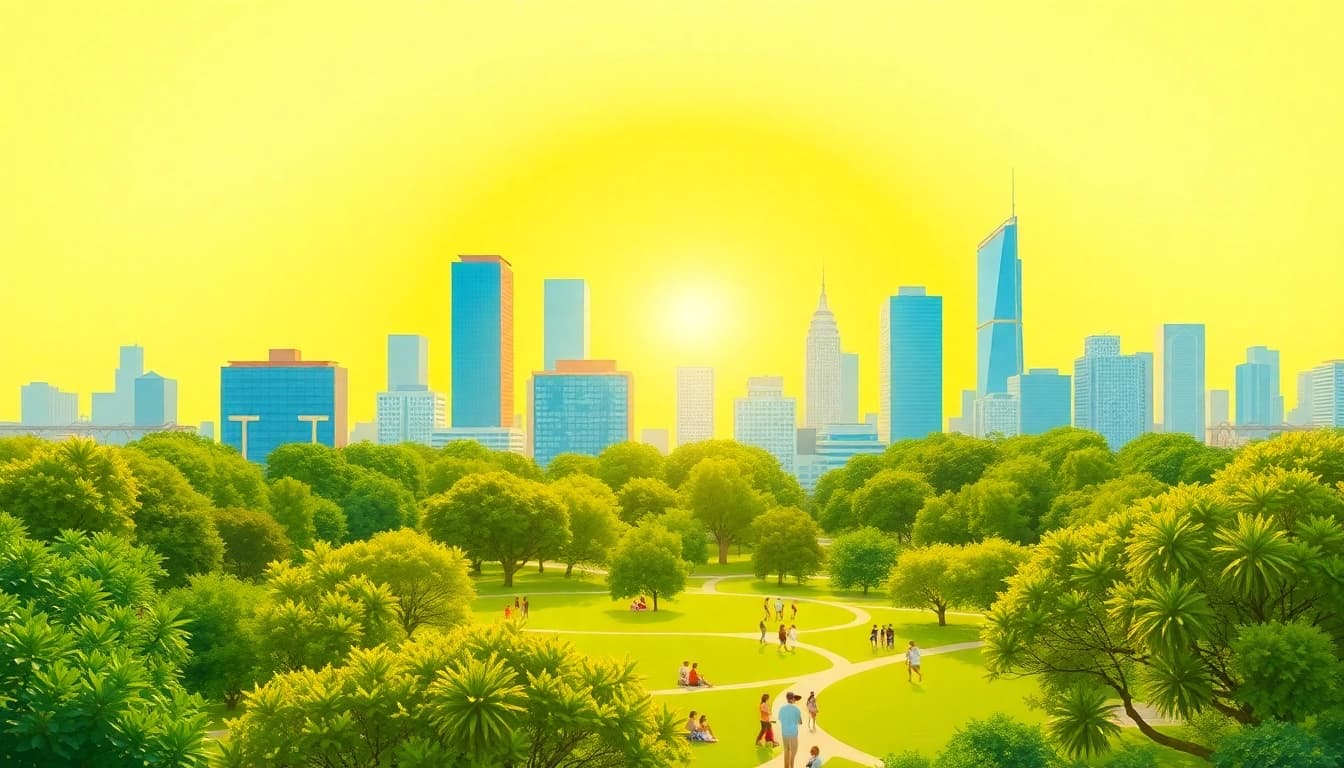 Brightet energy-efficient buildings in a vibrant city with green parks.