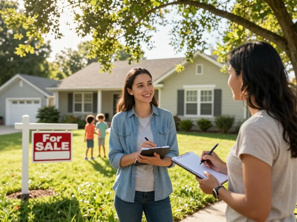 Cash home buyers discussing options with a homeowner in a friendly suburban setting.