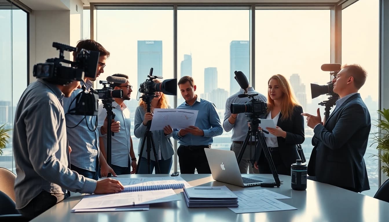 Showcasing corporate video production in a professional office environment with a dynamic team working together.