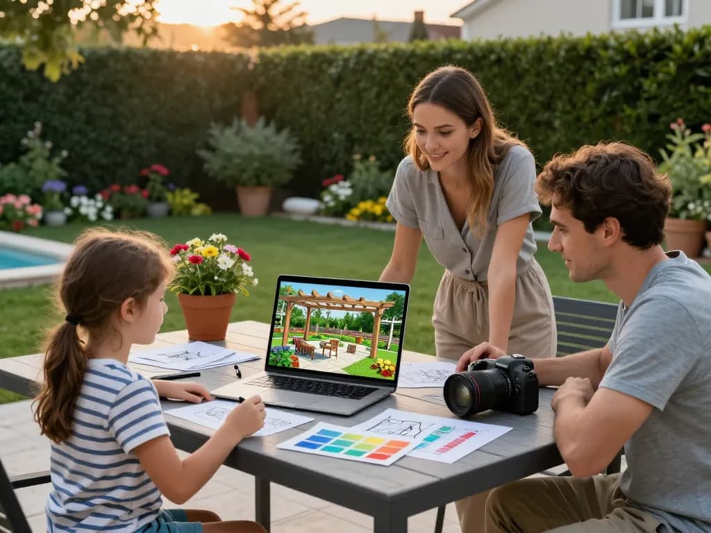 Family using configuratore 3D outdoor tool to design their beautiful backyard.