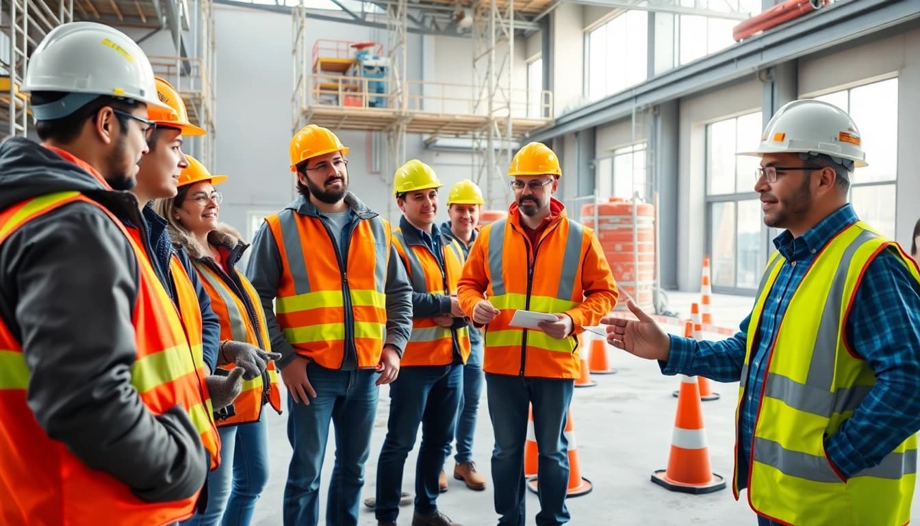Workers engaged in construction safety training emphasizing teamwork and safety practices.