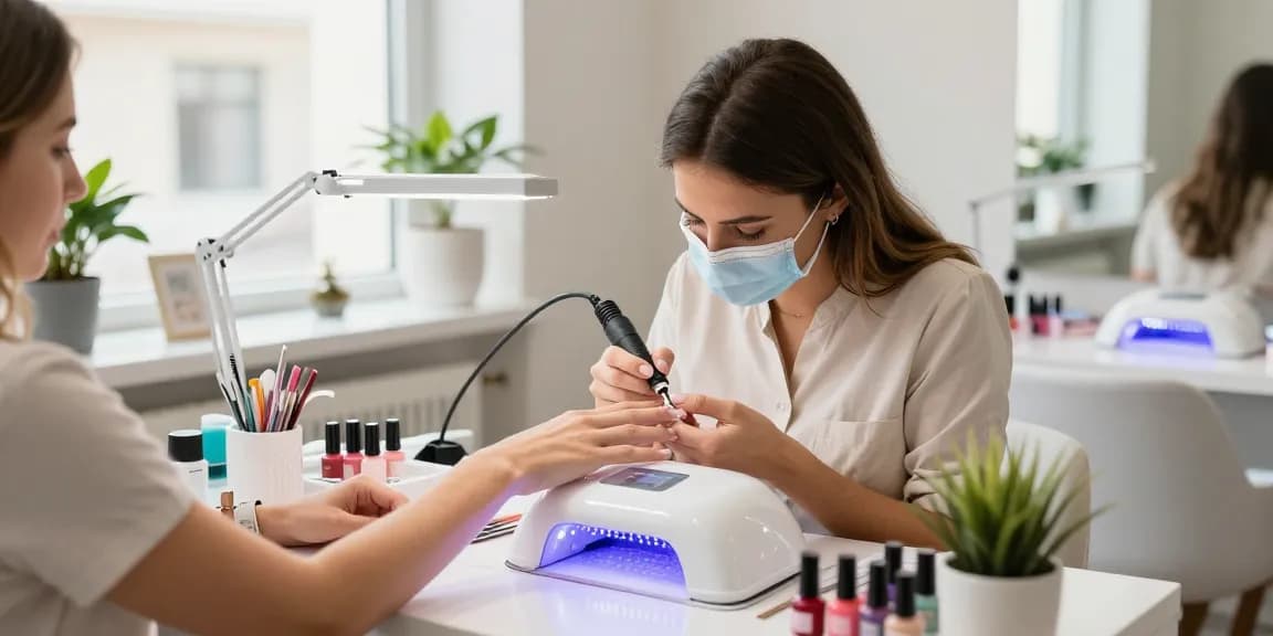 Utilizarea unei lămpi UV LED unghii pentru un tratament profesional al unghiilor într-un mediu luminos de salon.