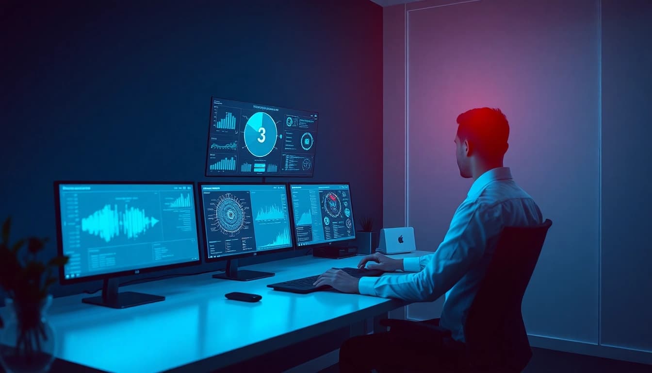Cybersecurity AI analyst monitoring threats with advanced tools in a high-tech office.