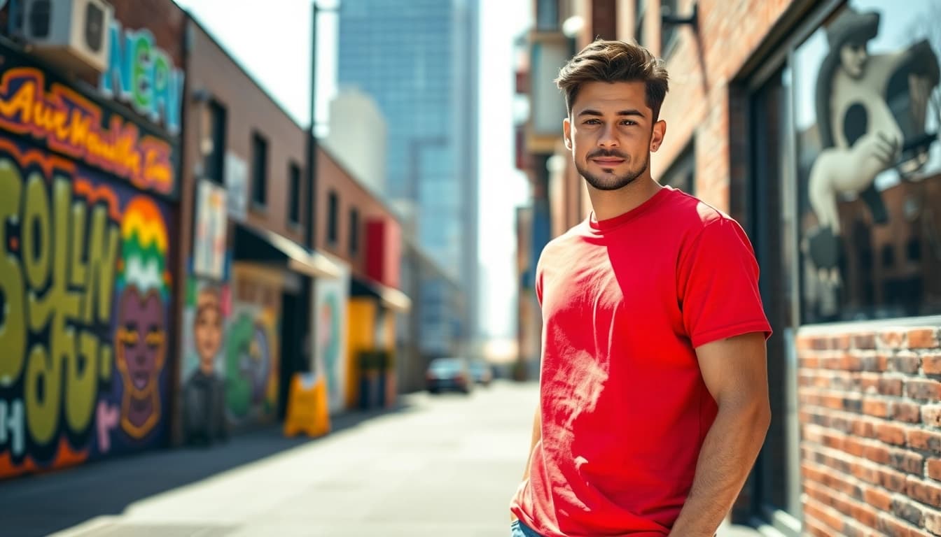 Showcase best blank t shirts on a model against a vibrant urban backdrop.