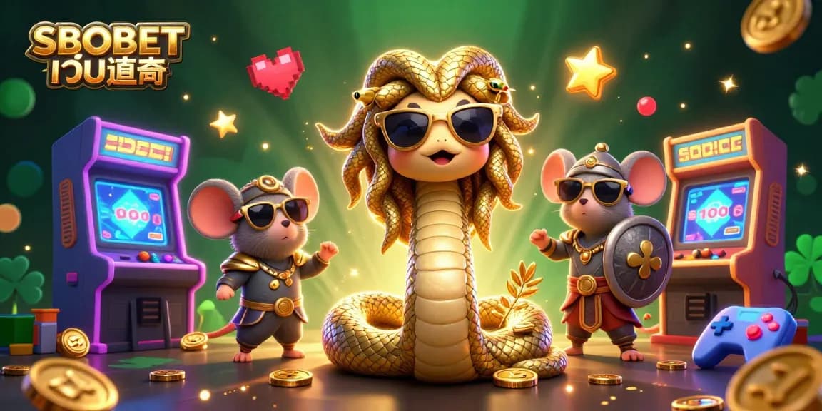SBOBET เว็บตรง gaming illustration showcasing Medusa and a warrior mouse in a vibrant casino setting.