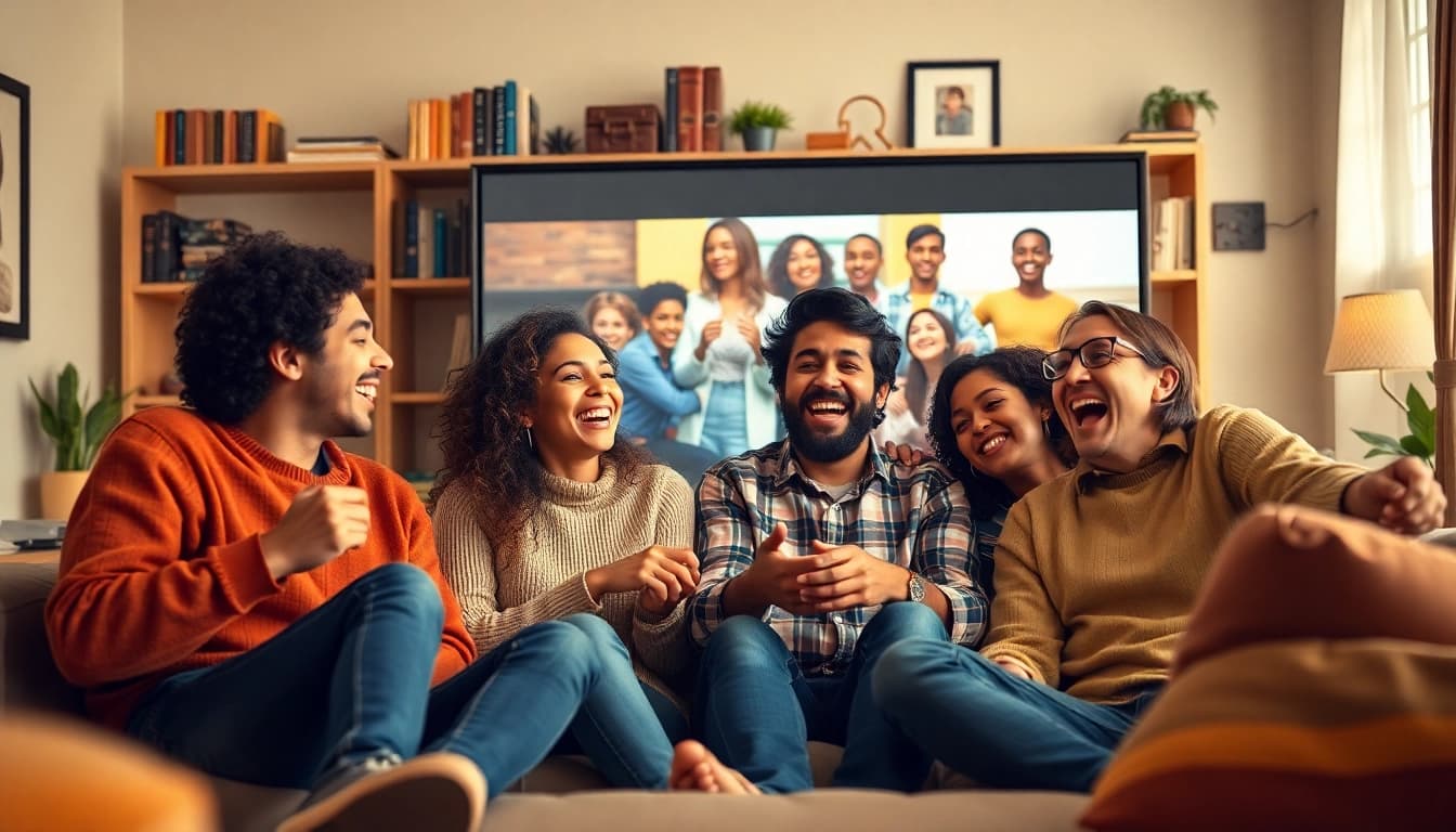 Enjoying a fun evening watching TV series online free with friends in a cozy living room.