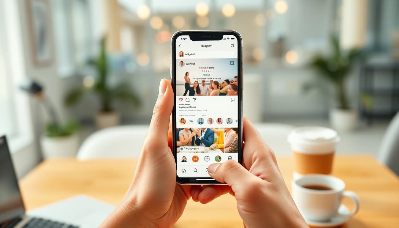 インスタ いいね 購入を強調したスマートフォンを持つ手。ビジネスシーンでの成功を示す。