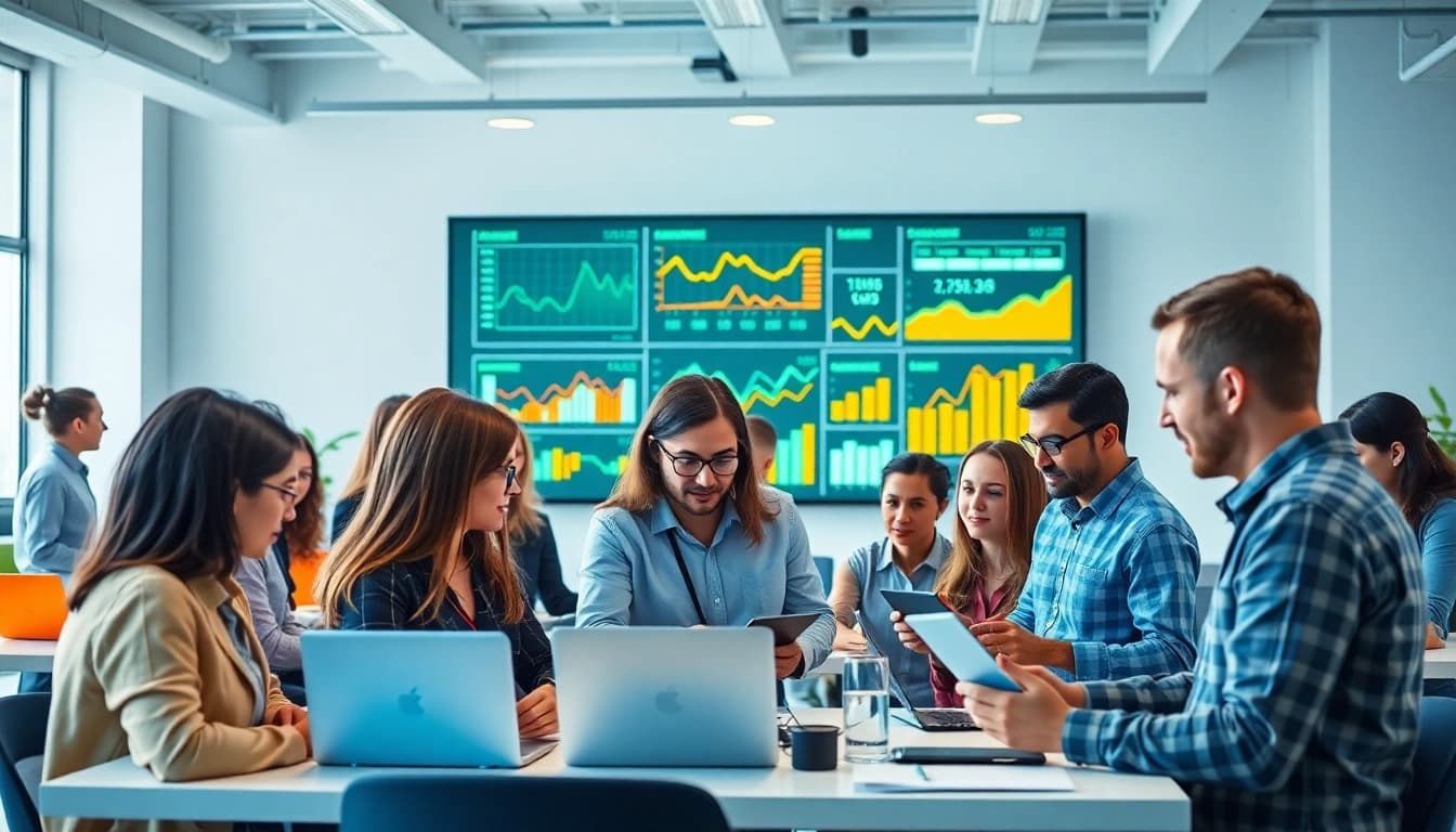 Showcasing technology companies collaborating in a modern office environment with vibrant details.