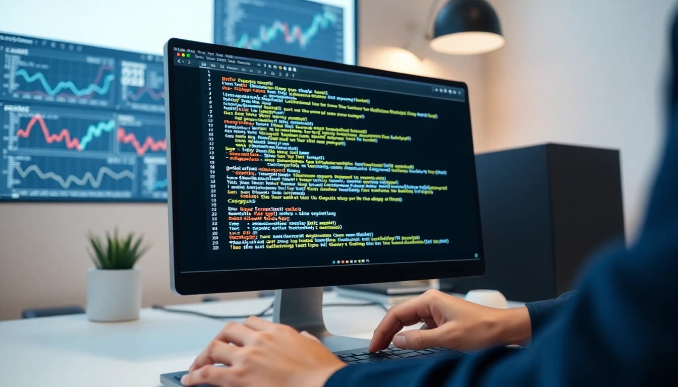Analyze meta tags checker performance with a developer at work on a modern computer.