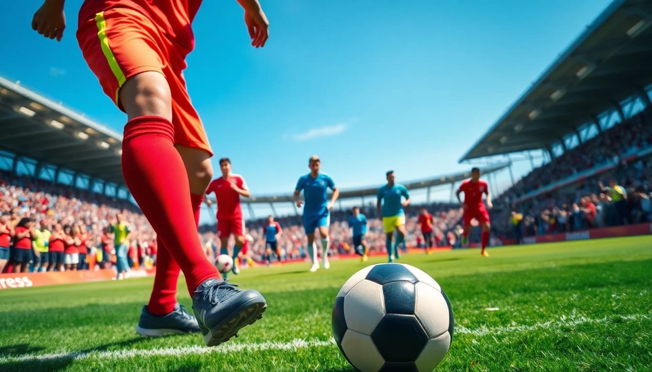 Showcasing energetic players in affordable cheap football kits on a lively pitch.