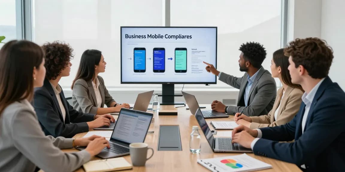 Team discussing business mobile comparison UK contracts in modern office environment