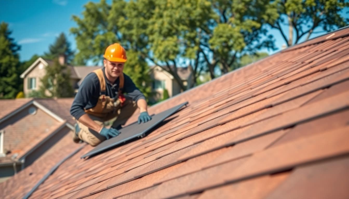 Twin Shield Roofing contractor installing shingles on a residential roof, showcasing expertise and quality.