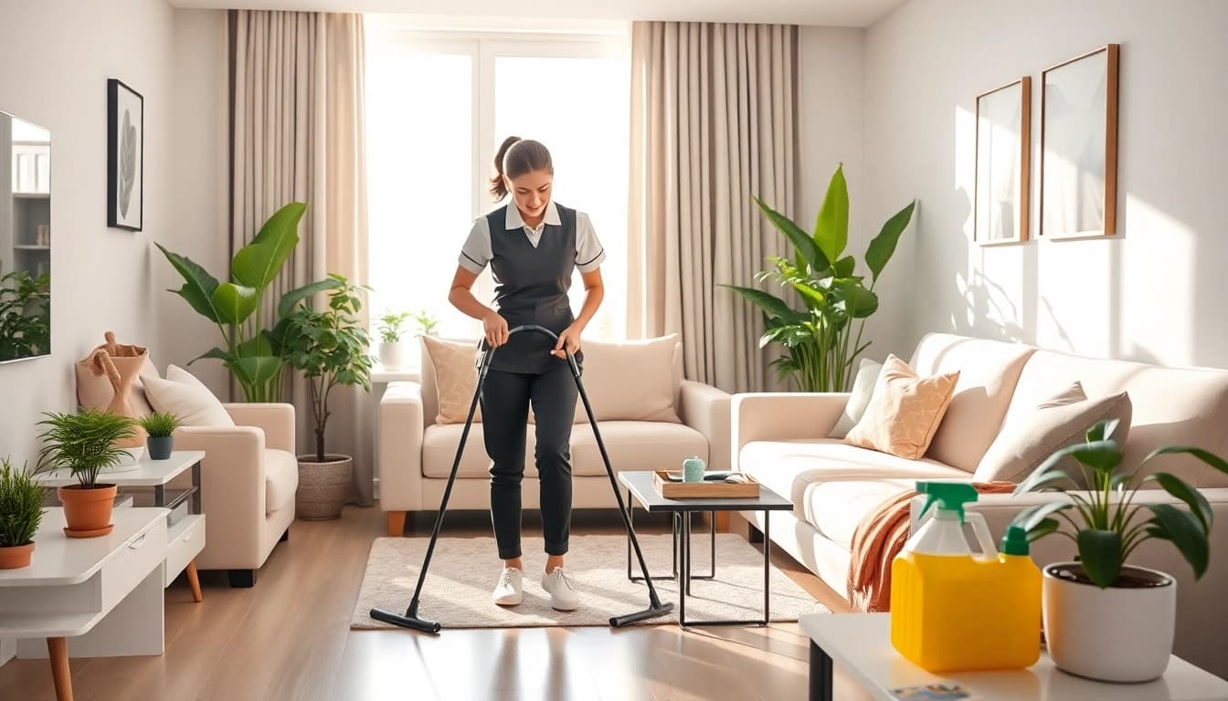 Showcasing maid agency services Abu Dhabi with a professional maid in a bright, clean living room.