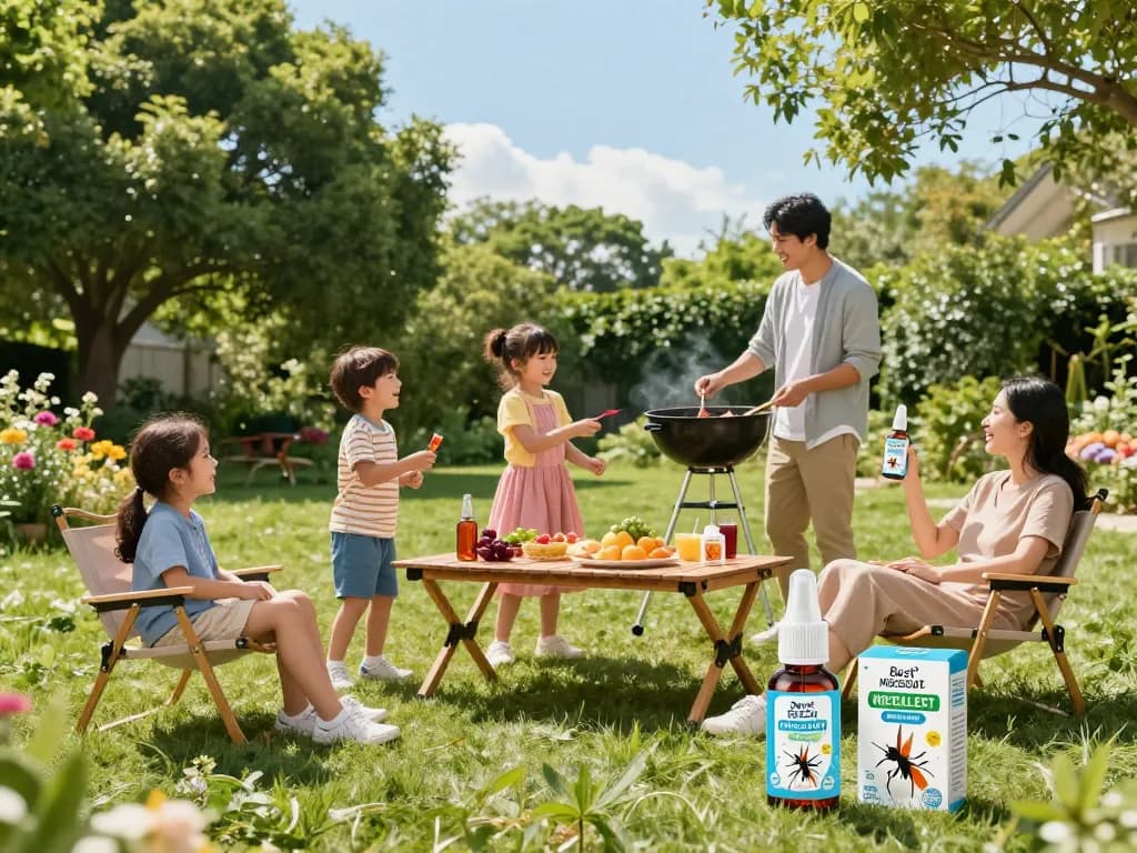 Family enjoying a barbecue outdoors with various options for the Best Mosquito Repellent displayed prominently in a sunny backyard setting.