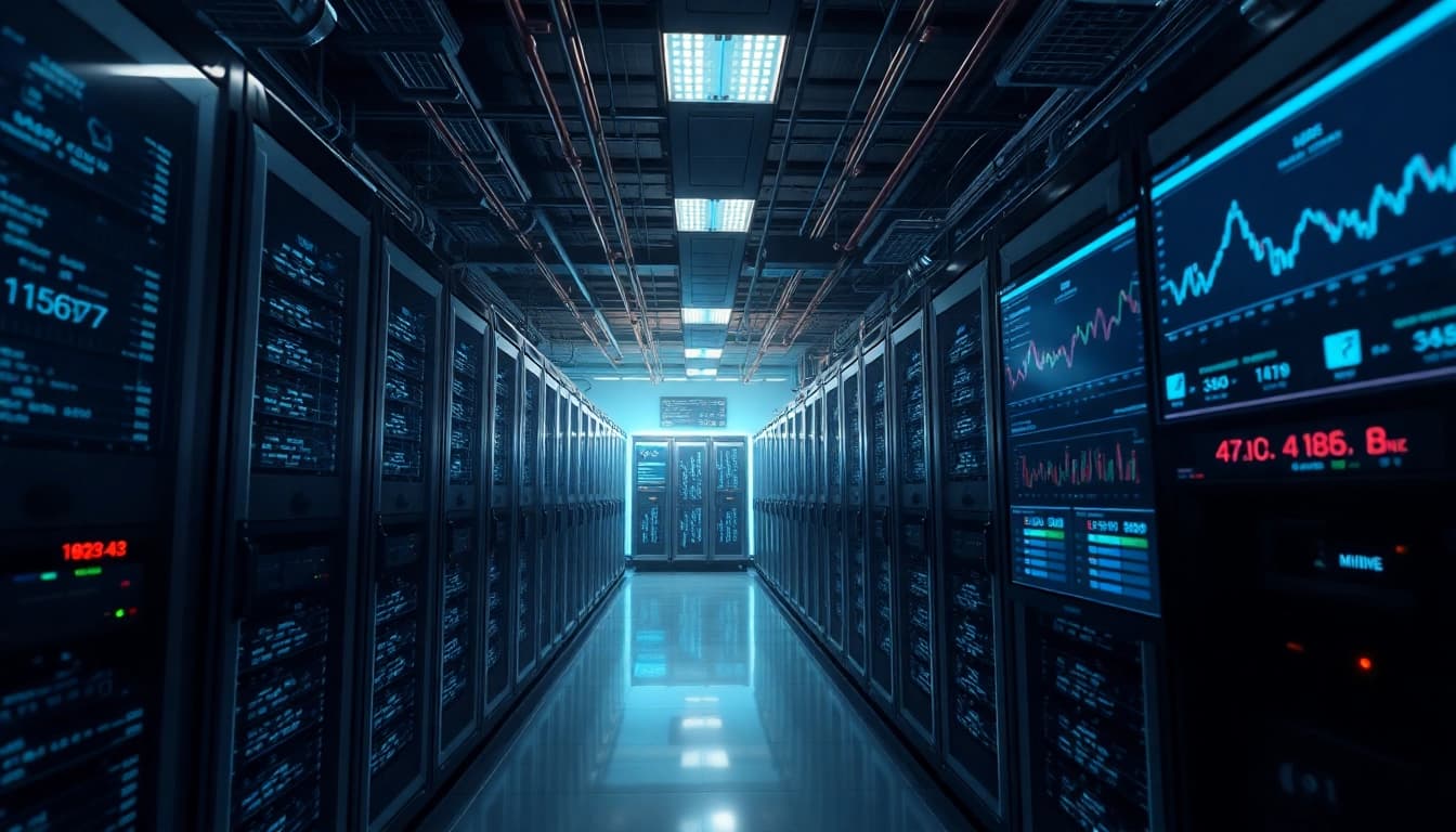 Crypto mining facility showcasing advanced ASIC miners and data analytics in a high-tech environment.