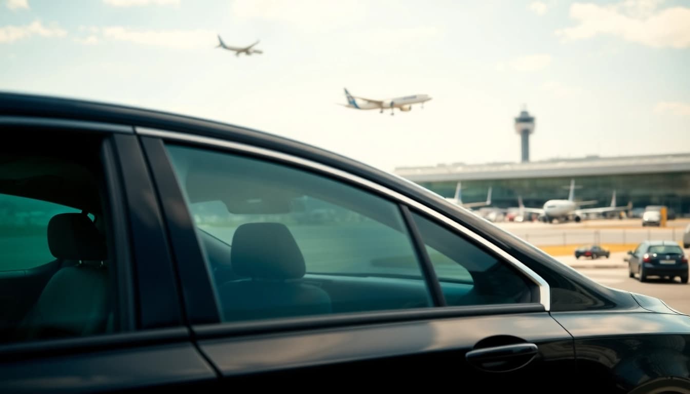 Book a taxi Nottingham to Heathrow airport featuring a sleek, professional vehicle against an airport backdrop.