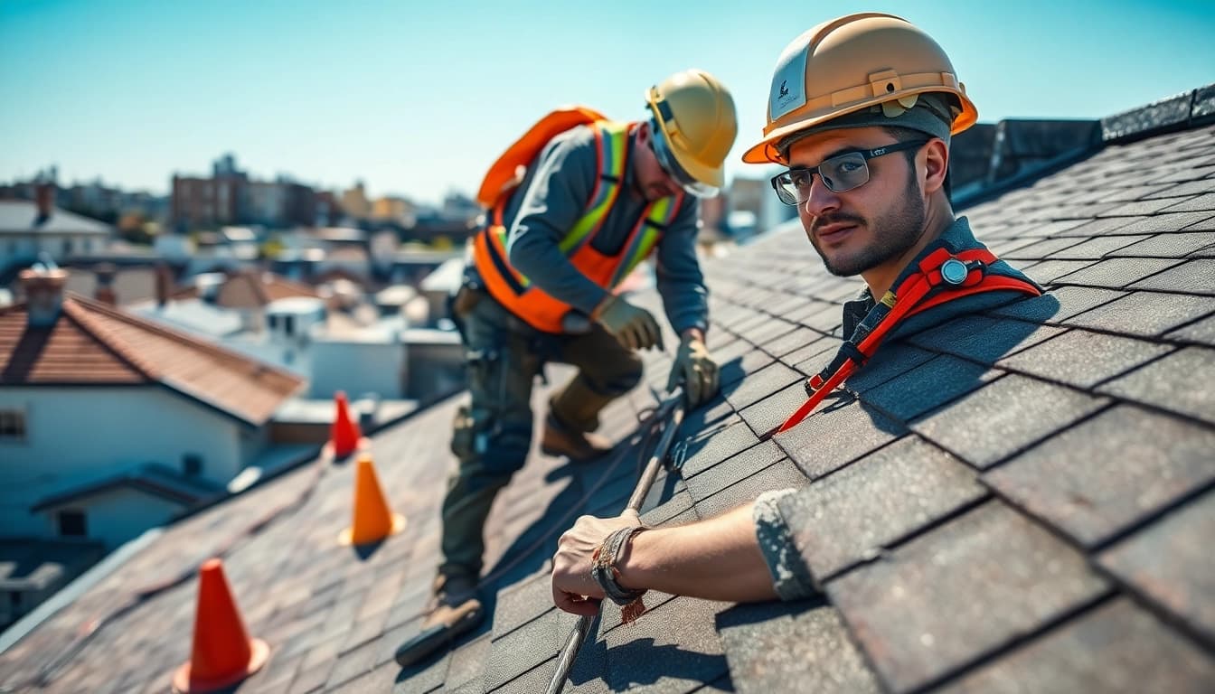 Roof repair in progress showcasing a skilled roofer at work on a residential roof.