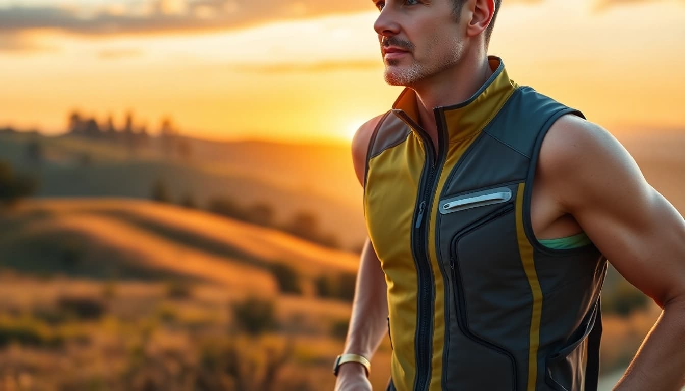 Runner wearing a high-performance running vest during a scenic outdoor run in the early morning light.