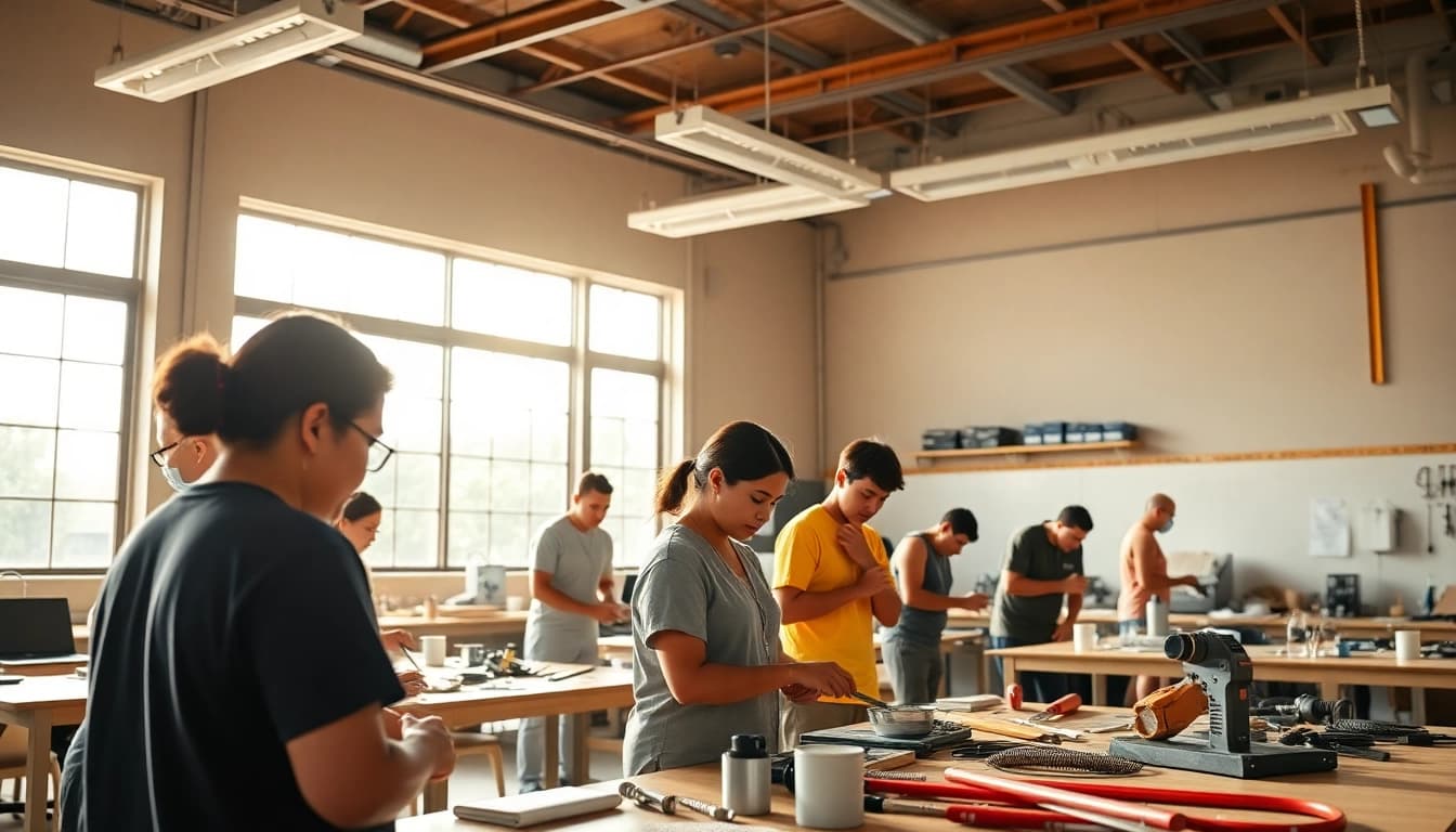 Students learning at trade schools Oahu in a collaborative classroom environment.