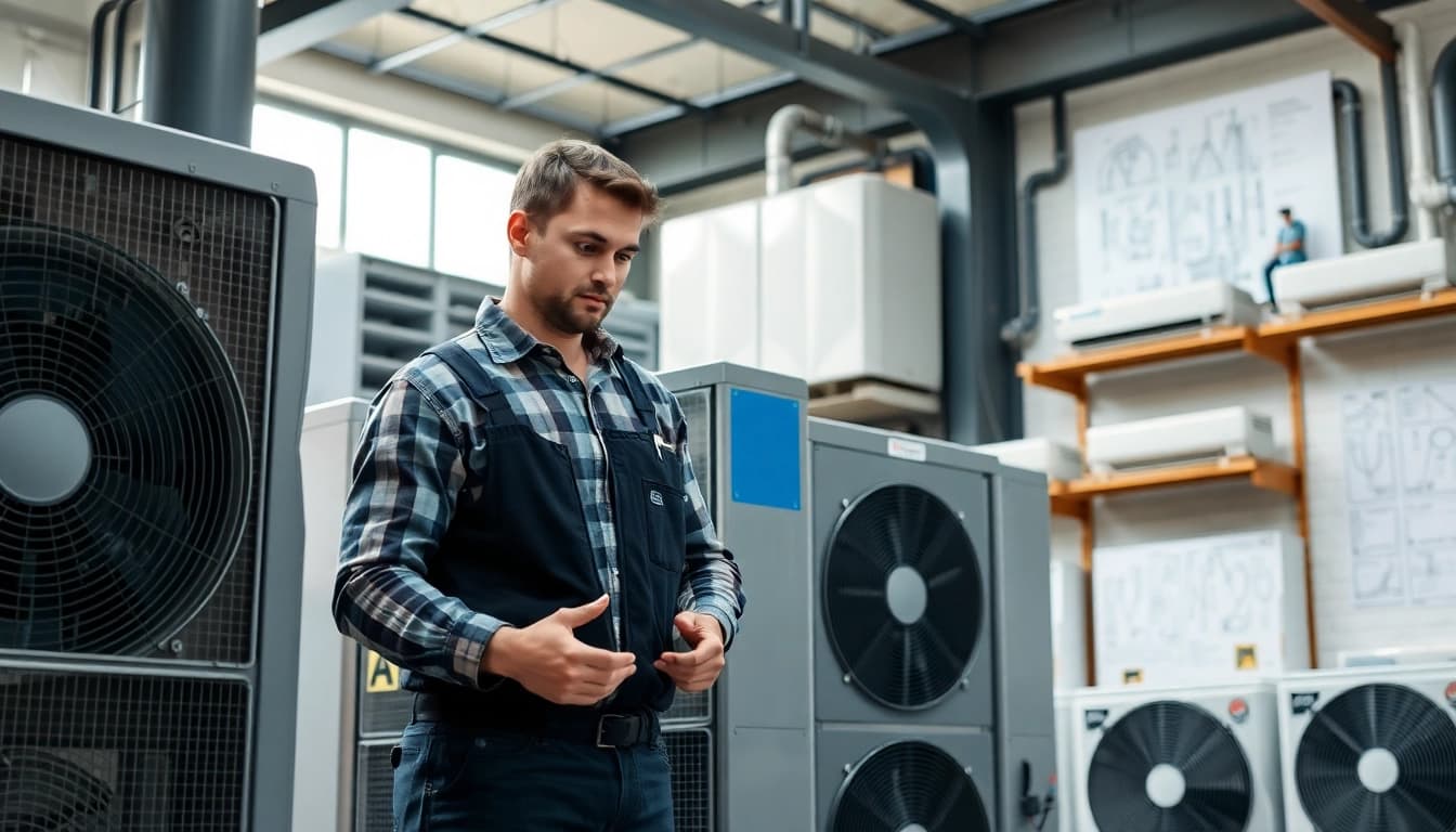 Inspecting Wholesale AC Units for Contractors in a modern warehouse setting with various HVAC systems.