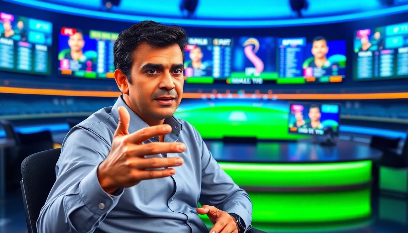 Analyze today's IPL match predictions with expert commentary in a vibrant sports studio.