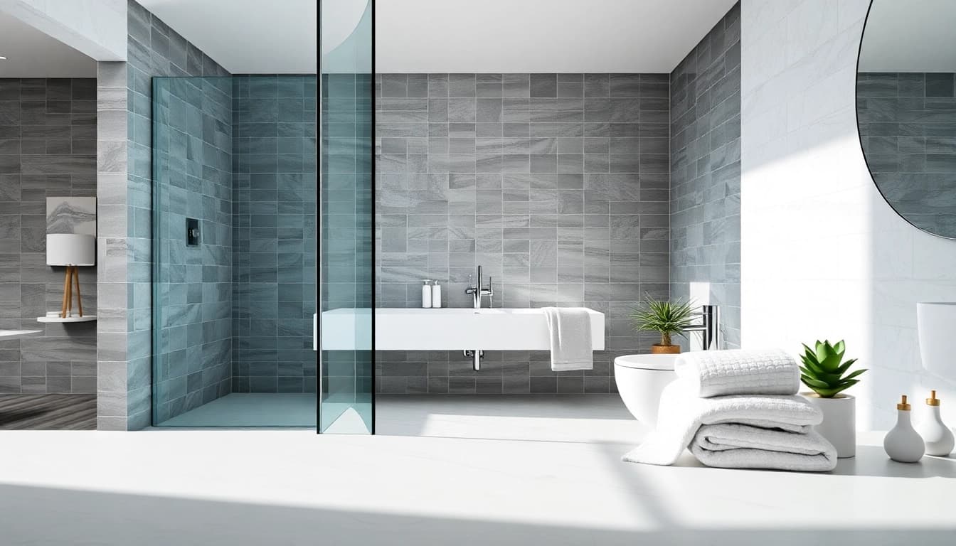 Wet room contractors enhancing modern bathroom aesthetics with sleek installation.