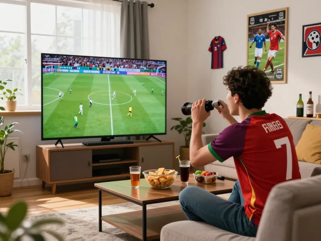 Enthusiastic fan enjoying a live match on Cà khịa tv with snacks, team memorabilia, and warm indoor lighting.