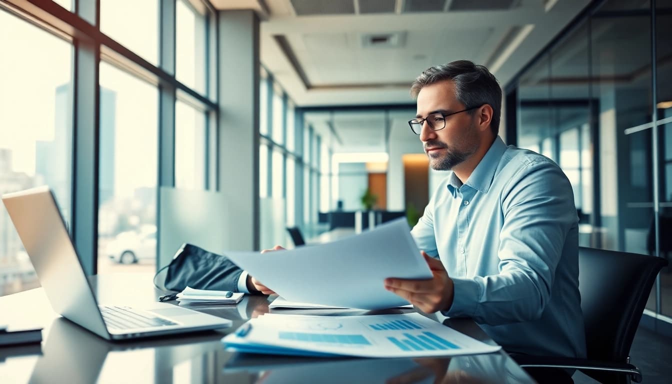 Engaged outsourced CFO analyzing financial strategies in a modern office layout.