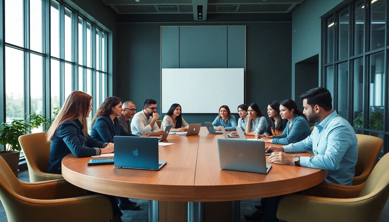 Corporate Event Planners collaborating in a bright conference room, showcasing teamwork and creativity.