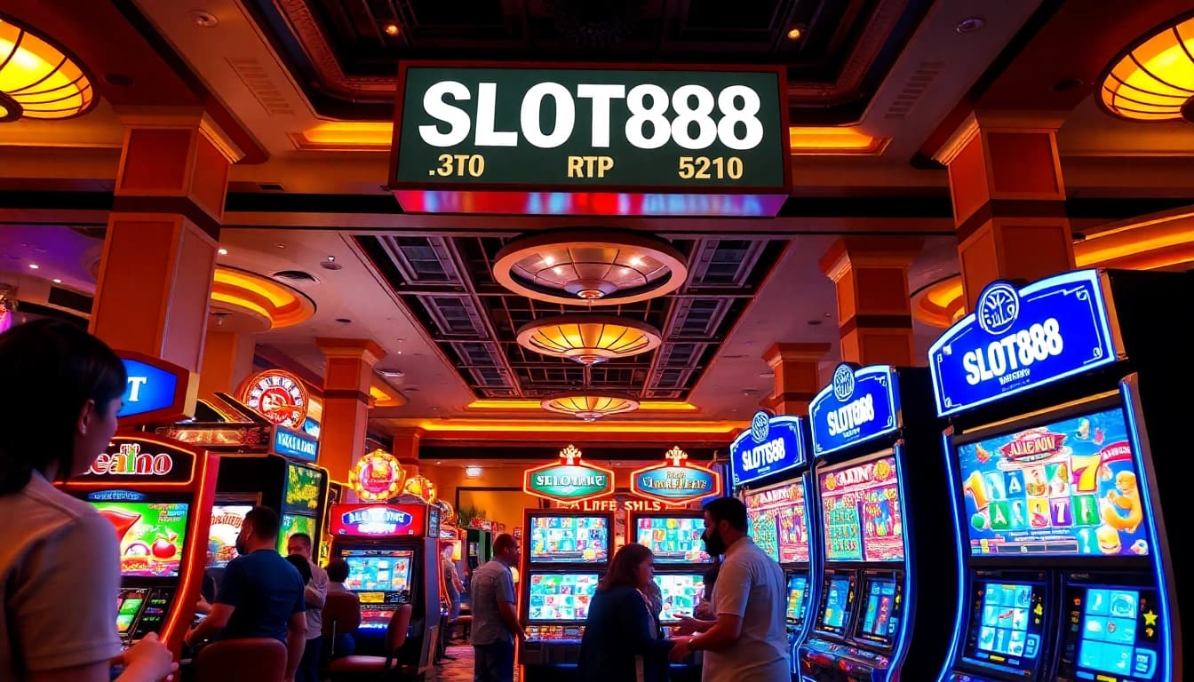 Players enjoying high RTP slot88 machines in a vibrant casino setting.