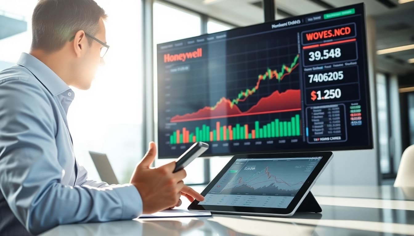 Analyzing HON stock price trends with digital tools in a bright office environment.