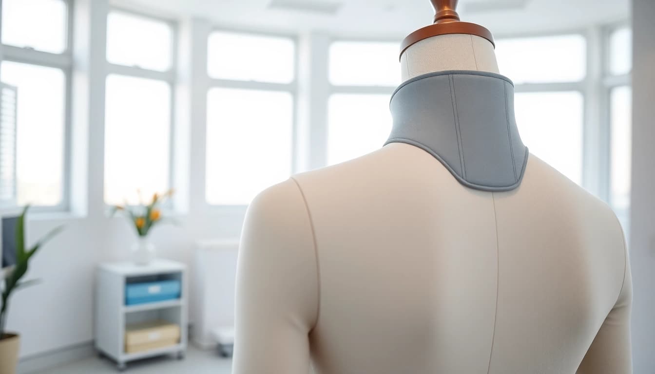 Demonstrating a posture brace in a professional setting to highlight its ergonomic design.